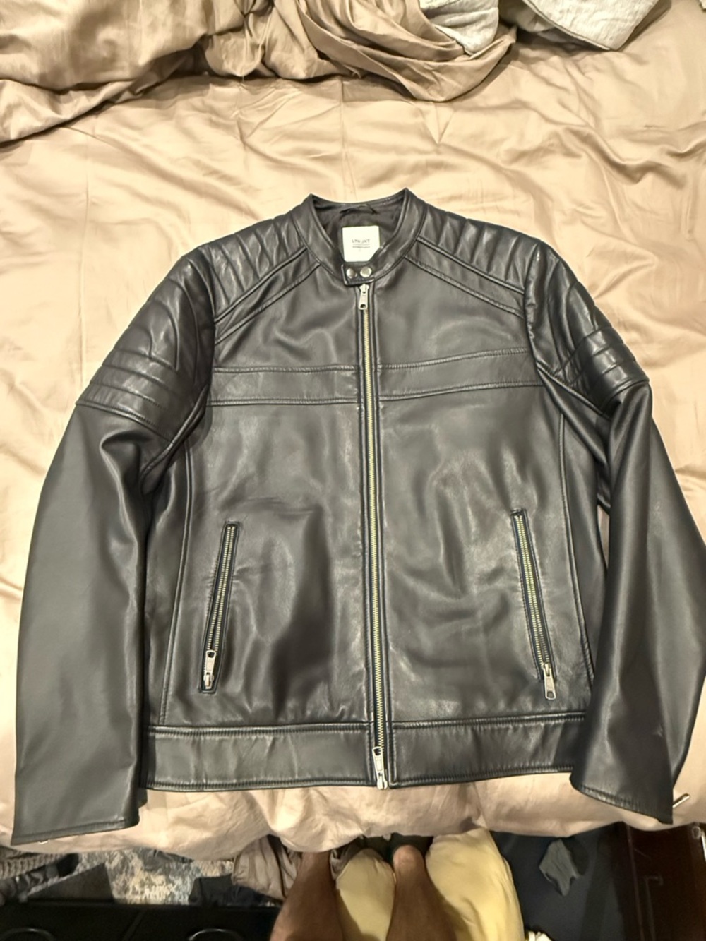 Men's Black Quilted-Shoulder Leather Bomber Jacket